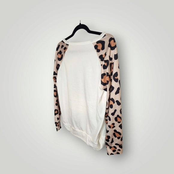 Leopard Print Sleeve Women's Top White and Brown T Shirt Womens Long Sleeve - Picture 6 of 8